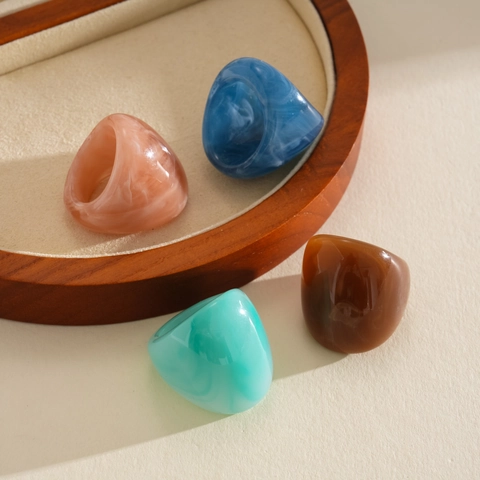 Vintage Resin Round Dome Ring Marble Pattern Wide Band Small Crowd Fashion Statement Jewelry For Women Finger Accessory