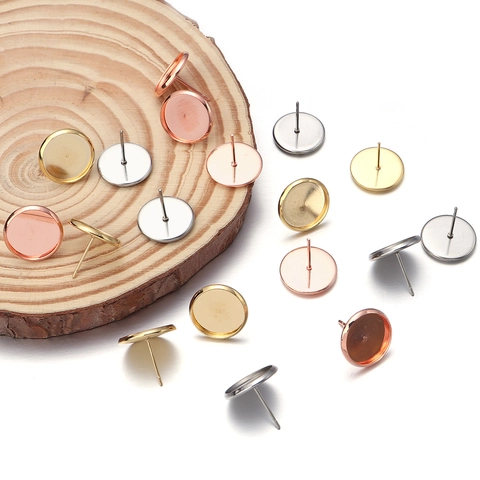 Stainless Steel Round Disc Earring Stud Bases DIY Flat Pad Bezel Tray Earring Posts For Jewelry Making Gold Rose Gold Silver