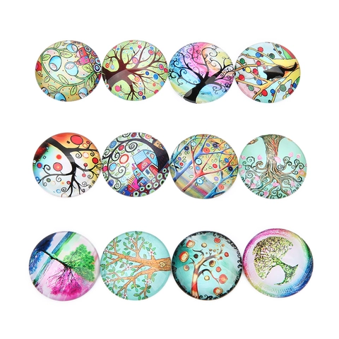 Vintage Round Tree Of Life Glass Cabochons Mandala Flower Printed Flatback Cabochons For DIY Jewelry Making Accessories