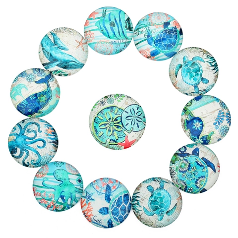 Ocean Theme Round Glass Cabochons Sea Turtle Octopus Pattern Printed Glass Tiles For DIY Jewelry Making Fridge Magnets