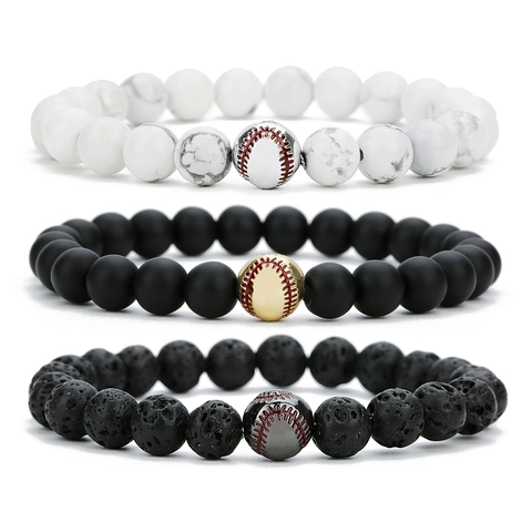 Bracciale di Perline in Pietra Lavica Naturale Agata Nera Opaca Turchese Bianco Con Ciondolo Baseball in Rame Gioielli Sportivi