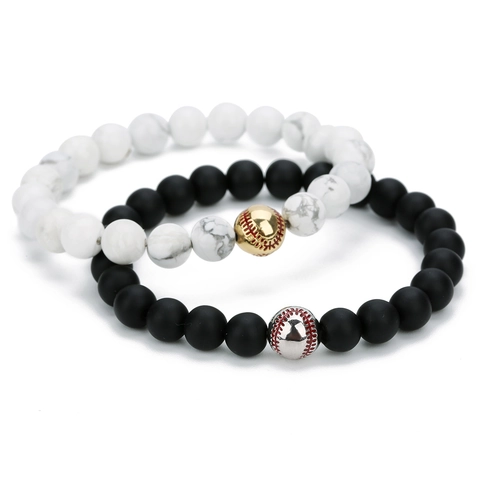 Bracciale di Perline in Pietra Lavica Naturale Agata Nera Opaca Turchese Bianco Con Ciondolo Baseball in Rame Gioielli Sportivi