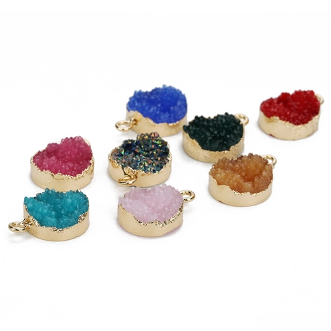 Round Druzy Resin Pendants With Gold Plated Metal Borders For DIY Jewelry Making Simulated Crystal Cluster Charms For Women