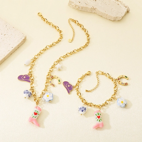 Retro Western Cowboy Stainless Steel Jewelry For Women Gold Plated Enamel Boots Hat Horseshoe Pendant Necklace Bracelet
