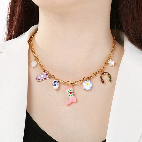 Retro Western Cowboy Stainless Steel Jewelry For Women Gold Plated Enamel Boots Hat Horseshoe Pendant Necklace Bracelet