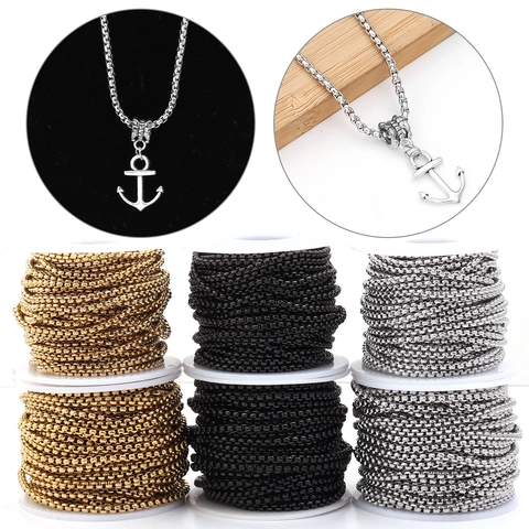 Stainless Steel 304 Box Chain Necklace DIY Jewelry Making Findings Unfinished Link Chain Electroplated Gold Steel Color Black