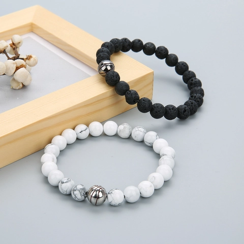 Natural Lava Stone Frosted Black Agate White Turquoise Beaded Bracelet With Copper Baseball Charm Sports Jewelry For Men Women