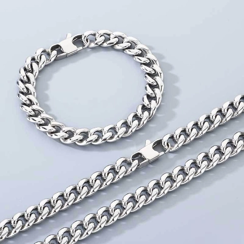 Conjunto de Collar y Pulsera de Cadena de Eslabones Cubanos de Acero Inoxidable Joyería Miami Curb para Hombres Mujeres Accesorio Pulido