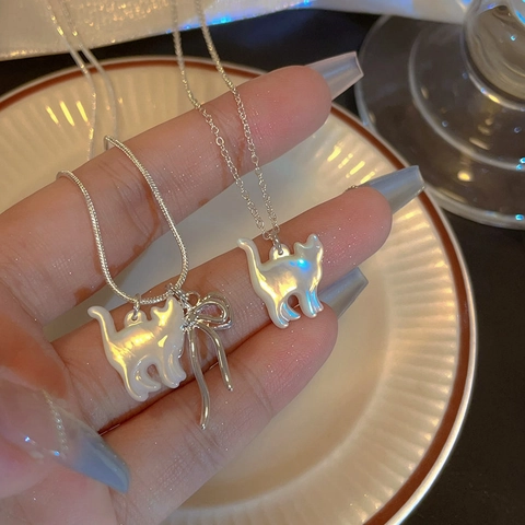 Cute Mother of Pearl Kitten Pendant Necklace For Women Sweet Copper Zirconia Bowknot Heart Shell Charm Jewelry Gift