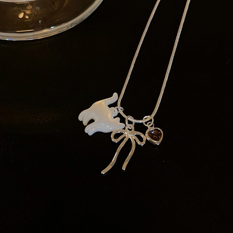 Cute Mother of Pearl Kitten Pendant Necklace For Women Sweet Copper Zirconia Bowknot Heart Shell Charm Jewelry Gift