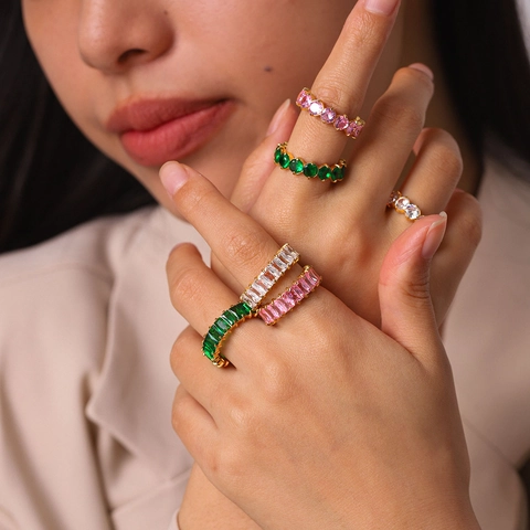 Stainless Steel Ring 18K Gold Plated Emerald Cut Zircon Rectangular Colorful Stone Fashion Jewelry For Women