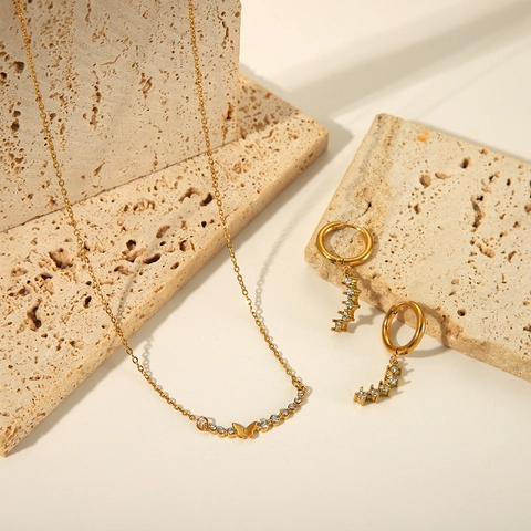 Stainless Steel Butterfly Pendant Necklace Moon Linear Hoop Earrings Jewelry Set Gold Rhinestone For Women Ins Style