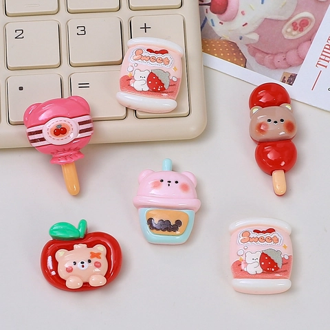 Süße Harz Bär Essen Trinken Miniatur DIY Zubehör Cartoon Tier Flatback Cabochons Für Handyhülle Haarnadel Dekoration Creme Kleber Basteln