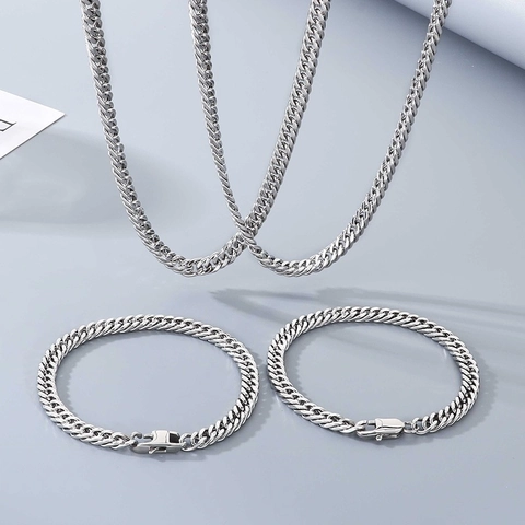 Conjunto de Collar y Pulsera de Eslabones Cubanos de Acero Inoxidable para Hombre y Mujer Cadena Pulida Joyería de Moda Diaria