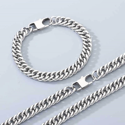 Conjunto de Collar y Pulsera de Eslabones Cubanos de Acero Inoxidable para Hombre y Mujer Cadena Pulida Joyería de Moda Diaria