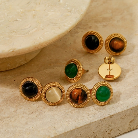 Vintage Round Stud Earrings Stainless Steel With Natural Stone Agate Tiger Eye Cat Eye Simple Jewelry For Women