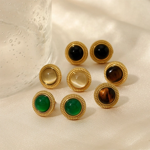 Vintage Round Stud Earrings Stainless Steel With Natural Stone Agate Tiger Eye Cat Eye Simple Jewelry For Women