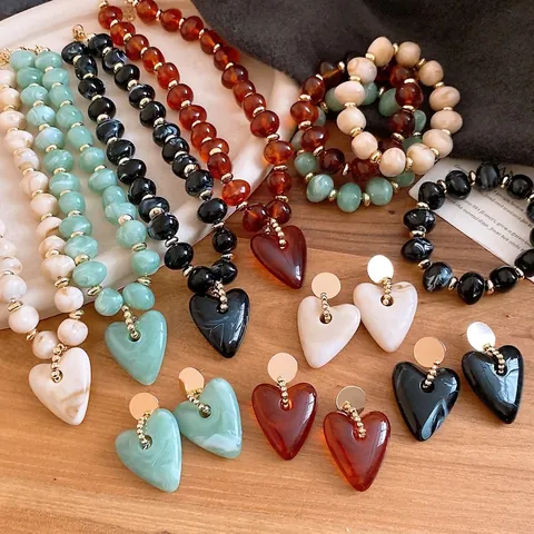 Böhmisch Vintage Acryl Marmor Muster Herz Schmuck Für Damen Legierung Vergoldet Perlen Halskette Armband Ohrringe Schmuck