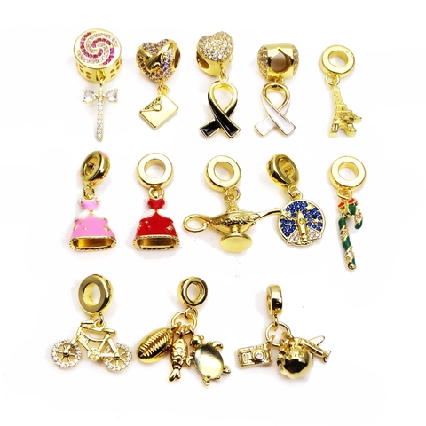 Copper Gold Plated Zircon Charm Bead For DIY Jewelry Making Bracelet Necklace Heart Eiffel Tower Dress Lollipop Charm