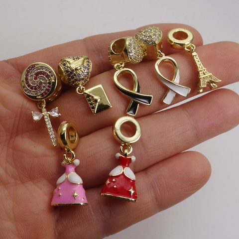 Copper Gold Plated Zircon Charm Bead For DIY Jewelry Making Bracelet Necklace Heart Eiffel Tower Dress Lollipop Charm