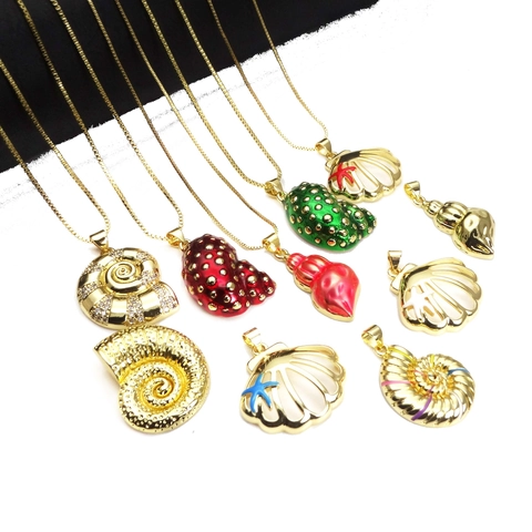Ocean Themed Copper Zirconia Conch Scallop Shell Pendant Necklace For Women Gold Plated Enamel Summer Beach Coastal Jewelry