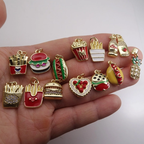 Copper Rhinestone Pendants For DIY Jewelry Making Colorful Drip Oil Fruit Fast Food Hamburgers Fries Charms For Bracelet Necklace Accessories