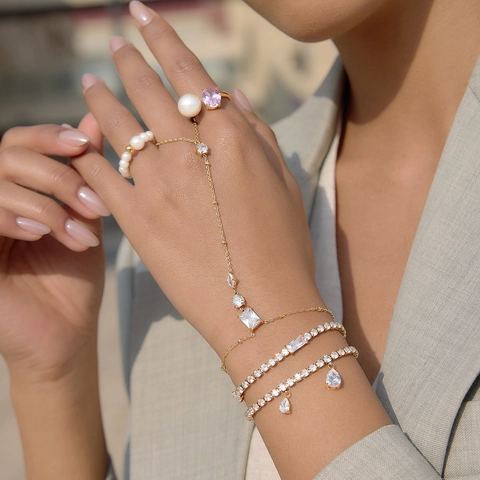 Roestvrij Stalen Gouden Slavenarmband Ring Hart Parel Strass Handketting Ring Voor Vrouwen Geometrische Sieraden