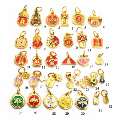 Traditional Chinese Style Gold Plated Copper Enamel Pendants DIY Jewelry Accessories Lion Dance Fu Character Gourd Small Charms For Bracelet Necklace Making