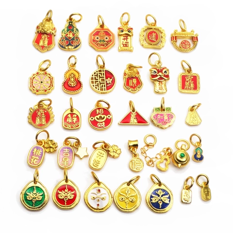Traditional Chinese Style Gold Plated Copper Enamel Pendants DIY Jewelry Accessories Lion Dance Fu Character Gourd Small Charms For Bracelet Necklace Making