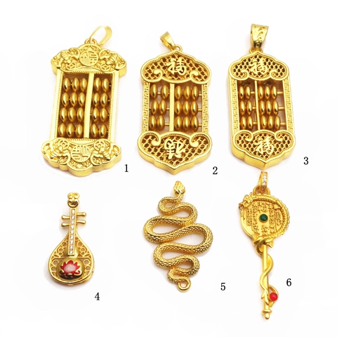 Chinese Gold Plated Copper Abacus Pendant Fu Character Hollow Lute Snake Charm For DIY Bracelet Jewelry Making Accessory
