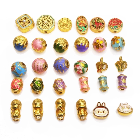Chinese Style Enamel Copper Loose Beads Gold Plated Auspicious Pattern Butterfly Buddha Charms For DIY Jewelry Making Accessories