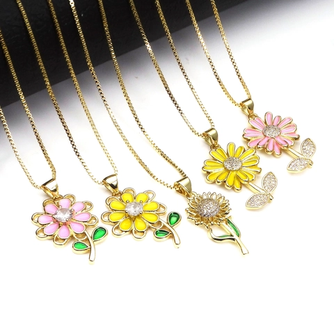 Sunflower Daisy Pendant Necklace For Women Copper Enamel Zircon Gold Plated Floral Box Chain Clavicle Jewelry Gift