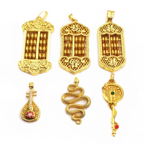 Chinese Gold Plated Copper Abacus Pendant Fu Character Hollow Lute Snake Charm For DIY Bracelet Jewelry Making Accessory