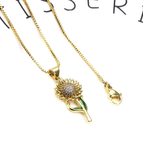 Sunflower Daisy Pendant Necklace For Women Copper Enamel Zircon Gold Plated Floral Box Chain Clavicle Jewelry Gift