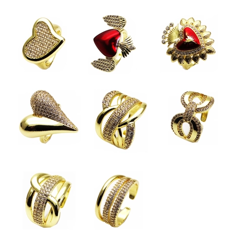 Luxury Copper Cubic Zirconia Heart Open Ring For Women Red Enamel Wing Sunburst Pattern Gold Plated Adjustable Fashion Finger Ring Jewelry