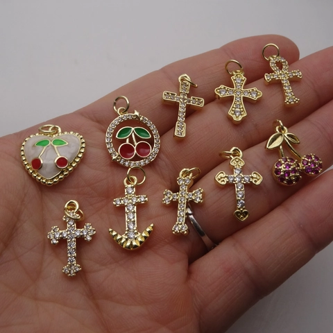 Copper Zirconia Heart Cherry Cross Anchor Pendant Only For DIY Necklace Bracelet Making Fashion Jewelry Accessory For Women