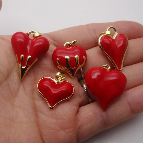 Red Heart Drip Oil Pendant Necklace For Women Gold Plated Copper Enamel Lava Heart Charm Jewelry For Party Gift
