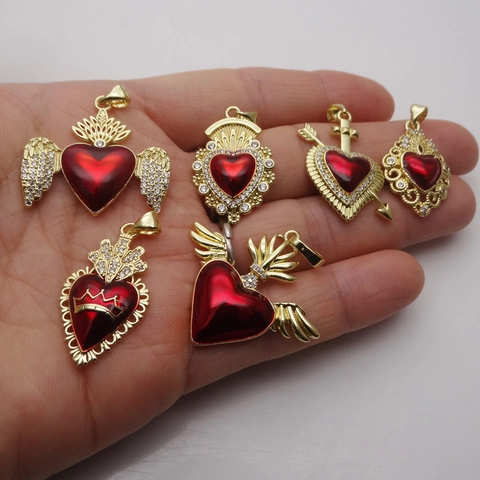 Vintage Kupfer Heiliges Herz Anhänger Halskette Rotes Emaille Geflügeltes Herz Zirkonia Eingelegt Goldene Religiöser Schmuck Damen