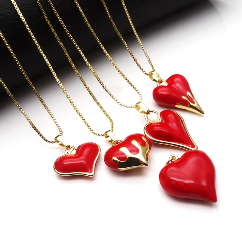 Red Heart Drip Oil Pendant Necklace For Women Gold Plated Copper Enamel Lava Heart Charm Jewelry For Party Gift