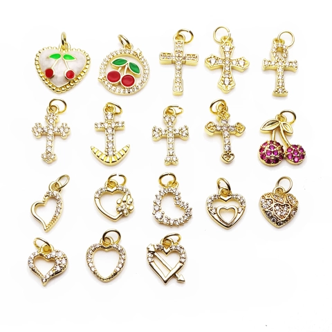 Copper Zirconia Heart Cherry Cross Anchor Pendant Only For DIY Necklace Bracelet Making Fashion Jewelry Accessory For Women