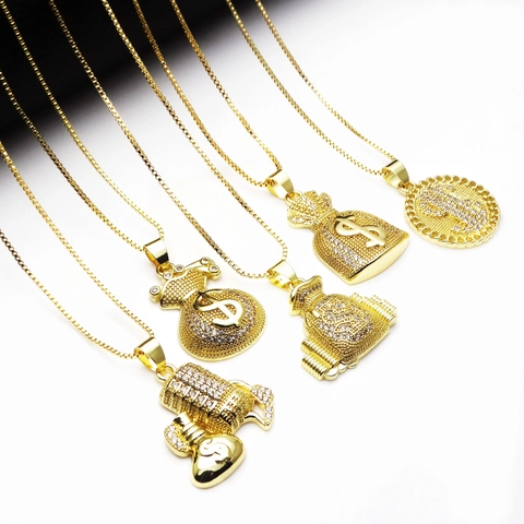 Collier Pendentif Sac d'Argent en Cuivre et Zirconia Hip Hop Signe du Dollar $ Micro Pave Iced Out Plaqué Or Chaîne Vénitienne Bijoux Pour Hommes Femmes