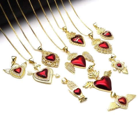 Vintage Kupfer Heiliges Herz Anhänger Halskette Rotes Emaille Geflügeltes Herz Zirkonia Eingelegt Goldene Religiöser Schmuck Damen