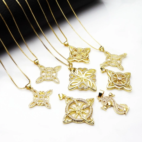 Vintage Copper Zirconia Celtic Knot Pendant Necklace For Women Gold Plated Geometric Cross Heart Jewelry Box Chain Gift