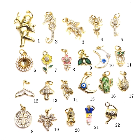 Ciondoli in Rame Placcato Oro con Zirconia e Smalto Girasole Fungo Angelo Malocchio per Creazione Gioielli Fai da Te Bracciale Collana