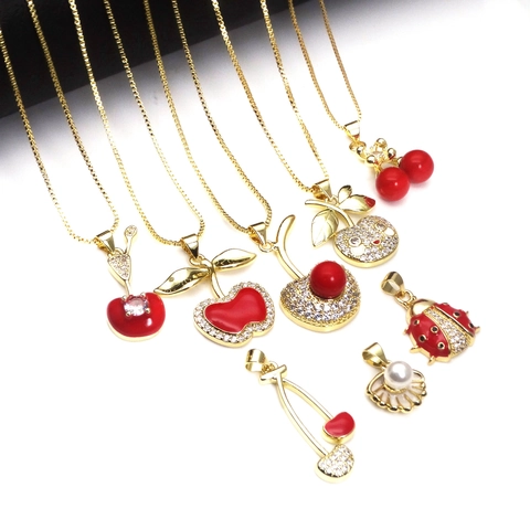 Fashion Copper Fruit Pendant Necklace Gold Plated Red Enamel Cherry Apple Ladybug Shell Zirconia Pendant Jewelry For Women