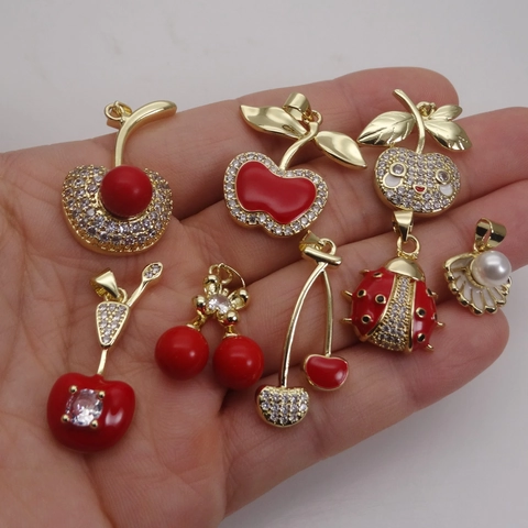 Fashion Copper Fruit Pendant Necklace Gold Plated Red Enamel Cherry Apple Ladybug Shell Zirconia Pendant Jewelry For Women