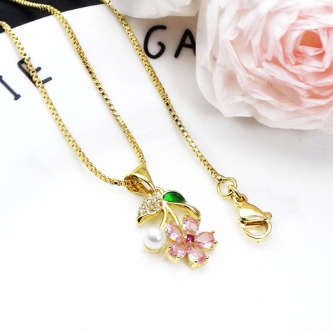 Copper Zircon Flower Pendant Necklace For Women Gold Plated Simulated Artificial Pearl Enamel Leaf Plant Floral Charm Fashion Jewelry