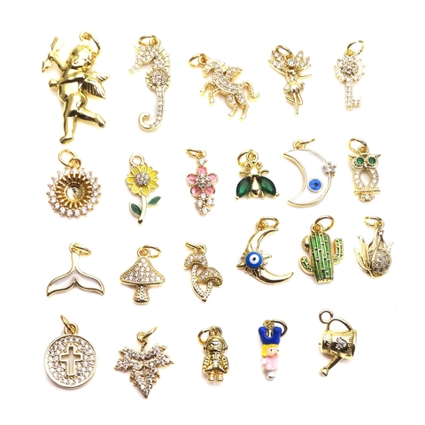 Ciondoli in Rame Placcato Oro con Zirconia e Smalto Girasole Fungo Angelo Malocchio per Creazione Gioielli Fai da Te Bracciale Collana