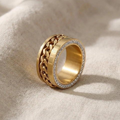Luxus Edelstahl Zirkonia Ring Für Herren Damen 18K Vergoldet Ketten Design Breiter Oberfläche Modischer Fingerring