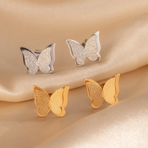 304 Edelstahl Doppelschicht Schmetterling Ohrstecker Frosted Sandoberfläche PVD Vergoldet Mode Schmuck Für Damen
